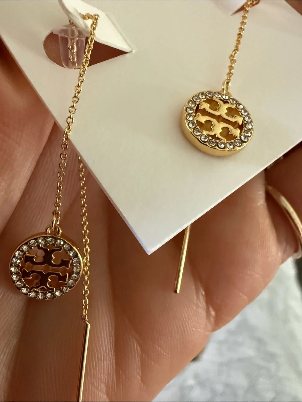 Tory Burch Gold Icon Pavé Diamond Threader earrings dangles
